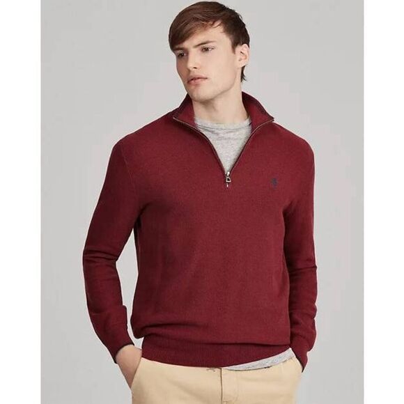 Polo Ralph Lauren Men's XL Red Wine Quarter-Zip Mesh-Knit Sweater Long-Sleeve - Picture 5 of 9